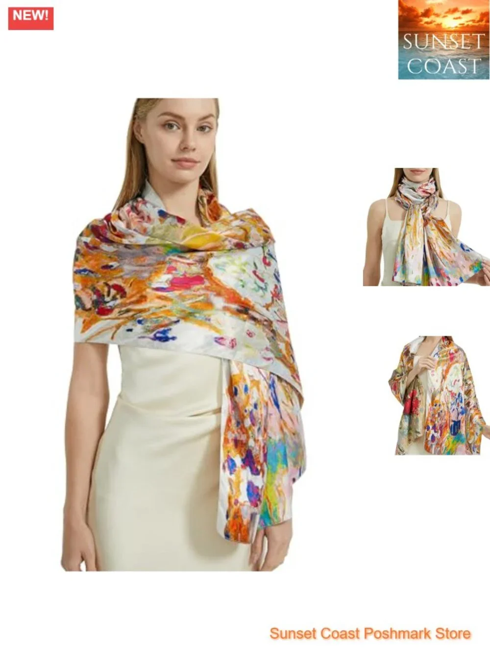 Floral Print Long Scarf Lightweight Silk Feeling Shawl Double-Sided
